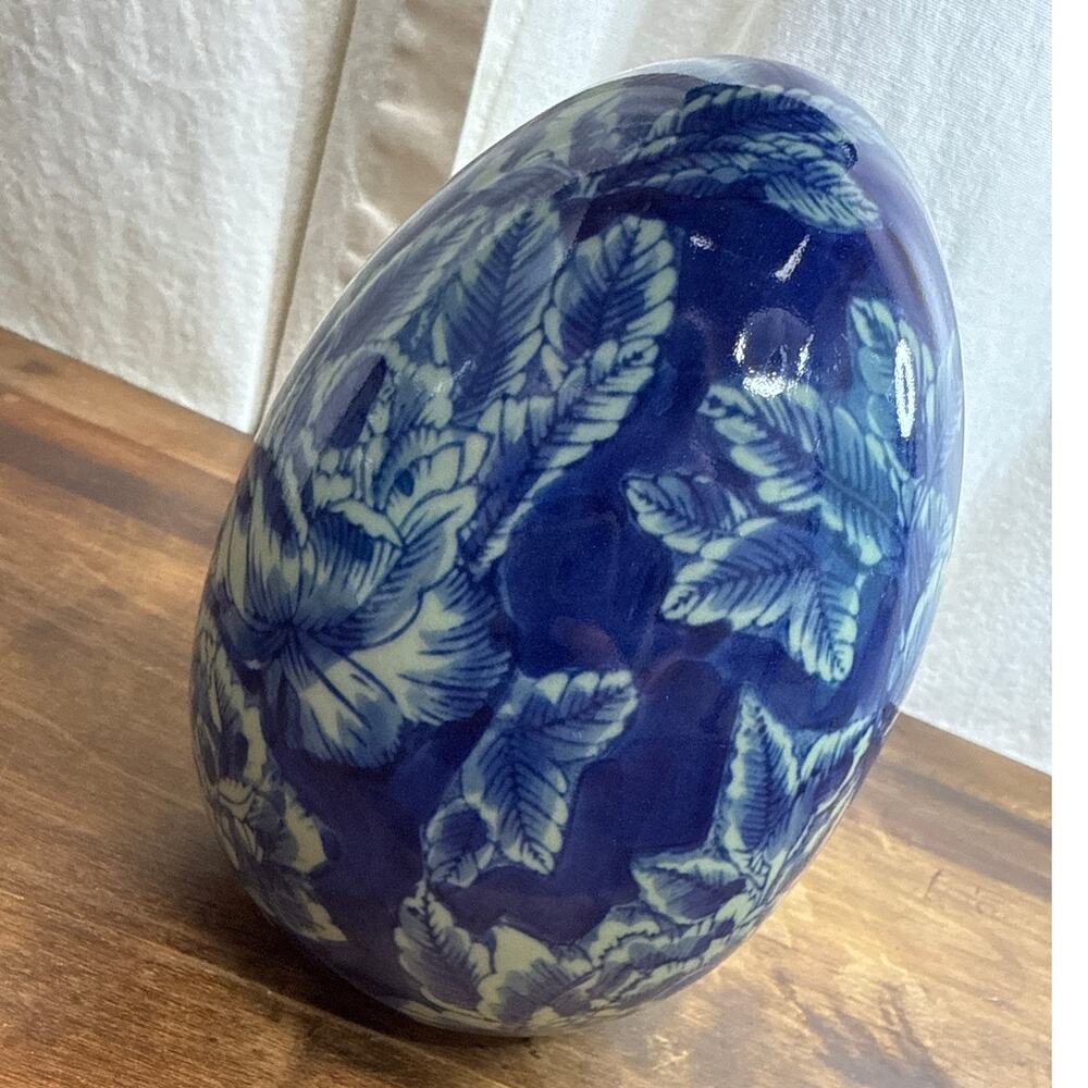 Blue & White Ceramic Egg Floral Transferware Collectible Oriental Home Décor 6"